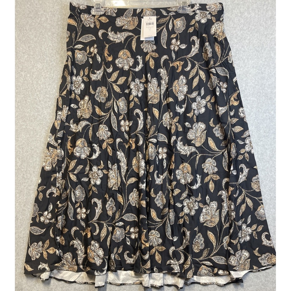 J Jill Women's Printed Flare Midi Skirt Size LTall Black Floral Print